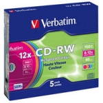 Диск CD-RW Verbatim 700MB/8-12х HighSpeed, 5 штук, Color Slim